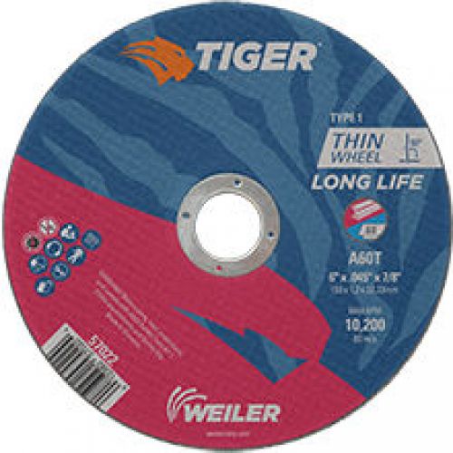 Weiler Tiger Thin Cutting Wheels, Gray 6 in x 0.045 in, Aluminum Oxide 60 Grit, S Grade, Depressed Center 7/8 in Arbor Hole, 13,300 rpm Type 27 57045