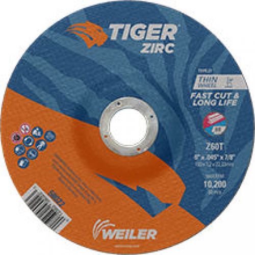 Weiler Tiger Zirc Thin Cutting Wheels, Gray 6 in x .045 in, Aluminum Oxide 60 Grit, S Grade, 7/8 in Arbor Hole, 10,200 rpm Type 1 58002