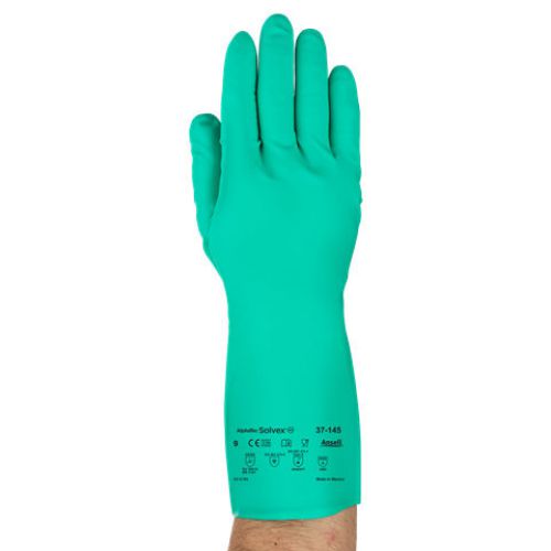 37-145 Nitrile Gloves, Gauntlet Cuff, Unlined, Size 9, Green, 11 mil