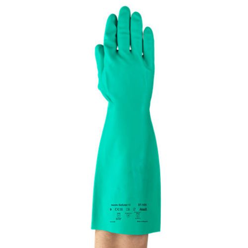 37-165 Nitrile Gloves, Gauntlet Cuff, Unlined, Size 10, Green, 22 mil