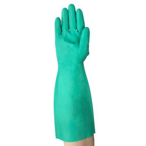 37-165 Nitrile Gloves, Gauntlet Cuff, Unlined, Size 10, Green, 22 mil