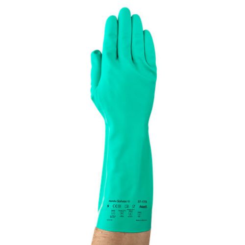 37-175 Nitrile Gloves, Gauntlet Cuff, Cotton Flock Lined, Size 10, Green, 17 mil
