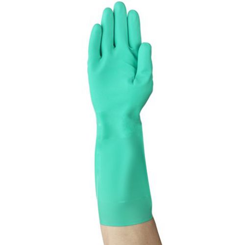37-175 Nitrile Gloves, Gauntlet Cuff, Cotton Flock Lined, Size 10, Green, 17 mil