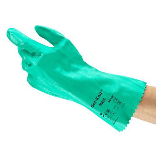 39-122 12 in Reinforced Nitrile Gloves, Gauntlet Cuff, Interlock Knit Cotton Lined, Size 10, Green