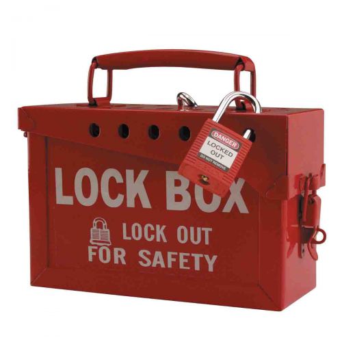 Lock Box, 6 in H x 9 in L x 3.5 in W, Steel, Red