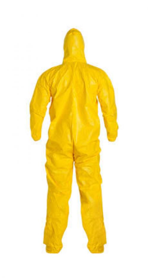 Tychem® 2000 Coverall, Serged Seams, Attached Hood and Socks, Elastic Wrists, Zipper Front, Storm Flap, Yellow, Large