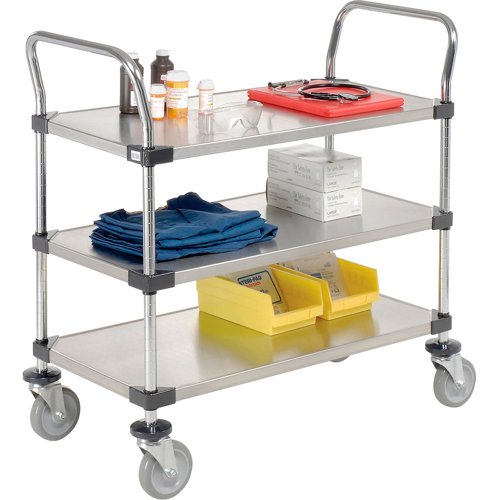Nexel 3 Shelf Utility Cart Solid Stainless Steel 48"W x 24"D x 39"H Poly Casters4 Swivel
