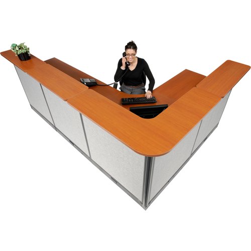 Interion L-Shaped Electric Reception Station 116"W x 80"D x 46"H Cherry Counter Gray Panel