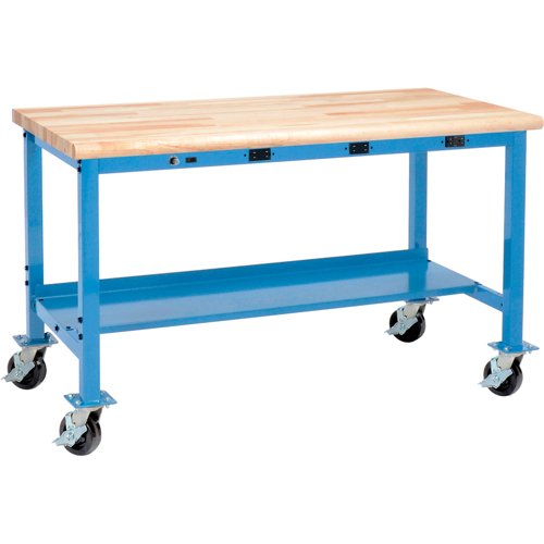 Global Industrial Mobile Workbench 72 x 30" w/Outlets Maple Butcher Block Safety Edge Blue
