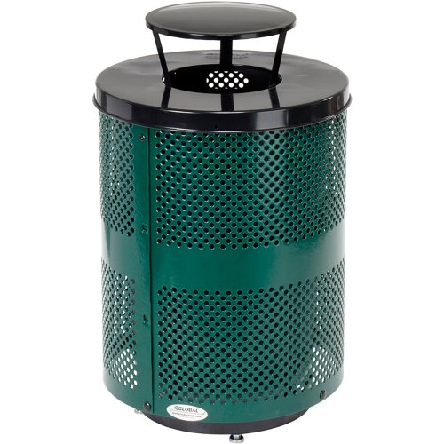Global Industrial Outdoor Perforated Steel Trash Can W/Rain Bonnet Lid & Base 36 GallonGreen
