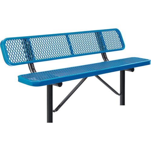 Global Industrial 6' Outdoor Steel Bench w/ Backrest Expanded Metal In Ground Mount Blue