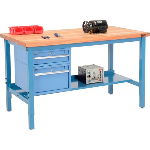 Global Industrial 72 x 36 Production Workbench - Maple Safety Edge - Drawers & Shelf - Blue