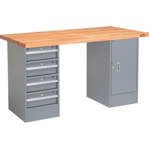 Global Industrial 72 x 30 Pedestal Workbench - 4 Drawers & Cabinet Maple Square Edge - Gray