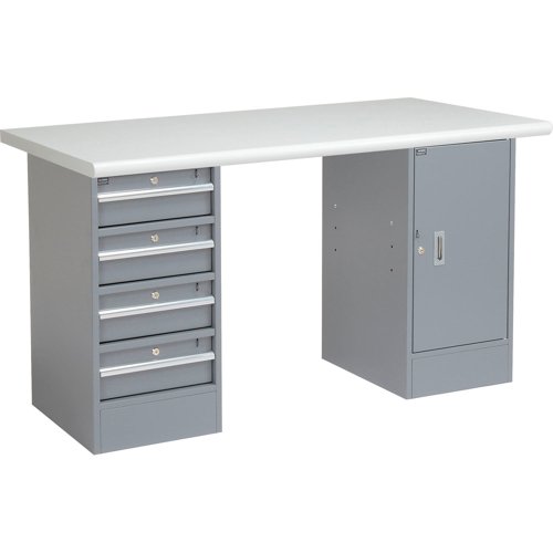 Global Industrial 72 x 30 Pedestal Workbench 4 Drawers & 1 Cabinet Laminate Safety Edge Gray