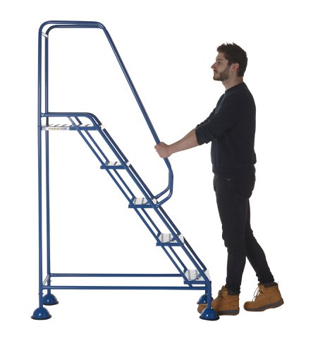 AAD05PB | These Climb-It® Domed Feet Steps are manufactured from a strong tubular steel with blue finish. This range features punched steel treads. The domed feet have spring loaded castors which engage or disengage, depending on whether or not weight is applied.