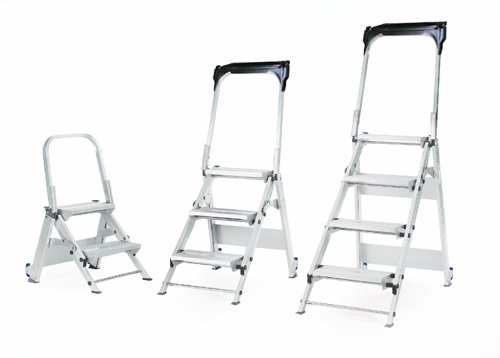 AFGS2Z | Certified to EN 14183Aluminium folding steps are ideal for use in offices, storerooms, warehouses etcLarge anti-slip rubber treads (360W x 205Dmm) & high handrail offer increased safety during useTilt & pull wheels for easy movement without liftingEasy slope incline