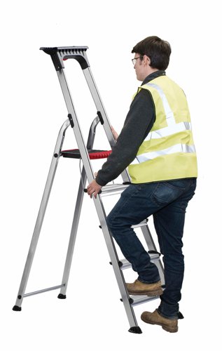 Integral toolholder, bucket hook & screwtrayA quality professional aluminium stepladder, light enough to facilitate  easy movement & transportationThe aluminium platform features a red safety strip - indicator for maximum recommended step height & protective edge to prevent cuts & grazesPatented large double step underneath the platform for safe & comfortable standing5 Year Guarantee