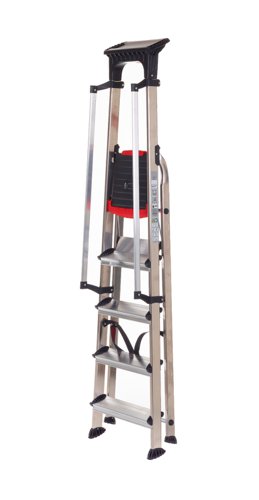 ALT-502115 | Certified to EN 131 ProfessionalComes with Handrails to increase user safetyIntegral toolholder, bucket hook & screwtrayA quality professional aluminium stepladder, light enough to facilitate  easy movement & transportationThe aluminium platform features a red safety strip - indicator for maximum recommended step height & protective edge to prevent cuts & grazesPatented large double step underneath the platform for safe & comfortable standing5 Year Guarantee