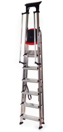 Double Decker Step c/w Handrails; 7 Tread; Aluminium; 150kg; Silver/Black/Red