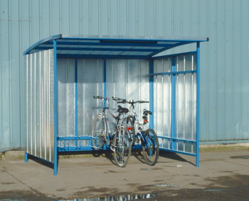 Industrial Cycle Shelter; Can fit up to 7 bikes; Fitted with triple wall polycarbonate roof & sides; Blue