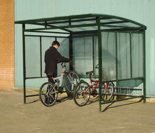 Cycle Shelter; Can fit up to 7 bikes; Fitted with galvanised roof & sides; Green