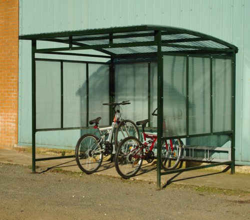 Can fit up to 7 bikesConstructed from heavy gauge steel framework of bolted componentsFitted with triple wall polycarbonate roof & sidesStaggered storage to prevent handle contactGreen powder coated finish On-site construction available - call for detailsUK Manufactured3 Year GuaranteeN.B. A Fork Lift will be needed to unload the panelled sections