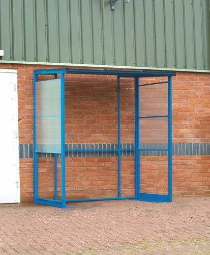 BSS204 | Blue powder coated frameFabricated from robust heavy duty box sectionTri wall fluted plastic side panelsGalvanised sheet steel roofNo fixing required. Simply secure these units by using six 600 x 600 mm paving slabs (not supplied)2 braces which fit securely over the bottom leg brace. This allows you to place paving slabs directly on top to secure the unit in placeN.B. A Fork Lift will be needed to unload these unitsUK Manufactured3 Year Guarantee