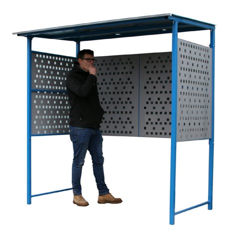 BSS208 | Blue powder coated frameFabricated from robust heavy duty box sectionPowder coated punched steel side & back panelsGalvanised sheet steel roofNo fixing required. Simply secure these units by using six 600 x 600 mm paving slabs (not supplied)2 braces which fit securely over the bottom leg brace. This allows you to place paving slabs directly on top to secure the unit in placeN.B. A Fork Lift will be needed to unload these unitsUK Manufactured3 Year Guarantee