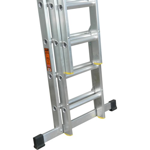 TEL315 | Meets new improved strength & slip-tests in BS EN131-2:2010 + A2:2017Stabiliser comes as standard on all ladders that extend beyond 3mLarge 32mm serrated Trilobular rungs with 4-way crimp & swage design for maximum durability & comfortDeep serrated rubber feet for maximum grip on all surfaces