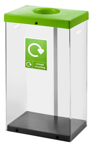 Clear Recycling Bin c/w Sticker 80L; Clear Body; Lime Green Lid; Plastic