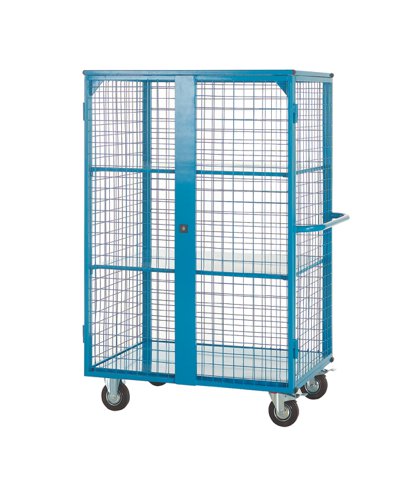 Distribution Trolley with Lockable Doors; Fixed/Swivel (x2 Braked) Castors; Steel; 500kg; Blue