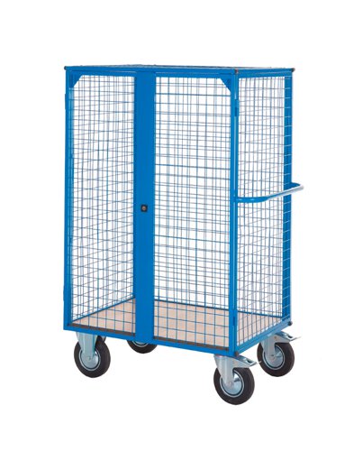 Distribution Trolley with Lockable Doors; Fixed/Swivel (x2 Braked) Castors; Steel/Veneer; 500kg; Blue/Veneer