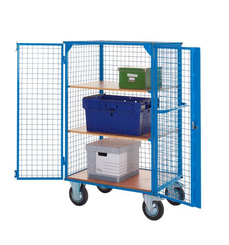 Distribution Trolley with Lockable Doors; Fixed/Swivel (x2 Braked) Castors; Steel/Veneer; 500kg; Blue/Veneer