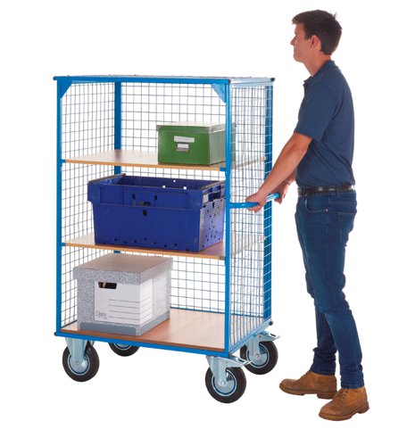 Distribution Trolley Without Doors; Fixed/Swivel (x2 Braked) Castors; Steel/Veneer; 500kg; Blue/Veneer