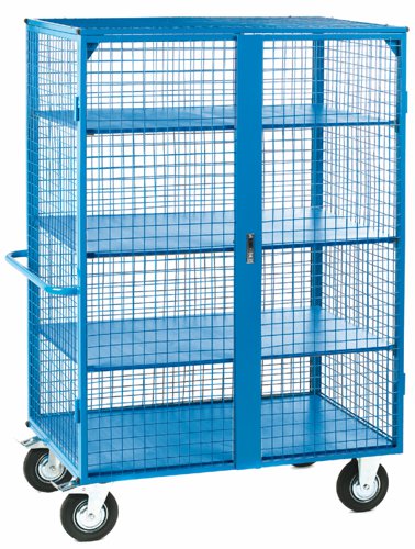 Large Distribution Trolley with Lockable Doors; Fixed/Swivel (x2 Braked) Castors; Steel; 500kg; Blue | DT701Y | GPC Industries Ltd
