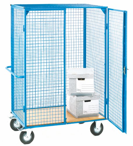Large Distribution Trolley with Lockable Doors; Fixed/Swivel (x2 Braked) Castors; Steel/Veneer; 500kg; Blue/Veneer