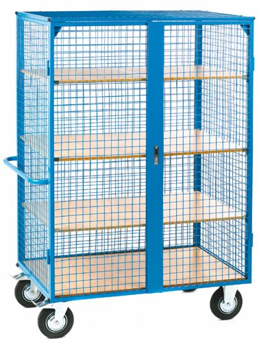 Large Distribution Trolley with Lockable Doors; Fixed/Swivel (x2 Braked) Castors; Steel/Veneer; 500kg; Blue/Veneer | DT901Y | GPC Industries Ltd