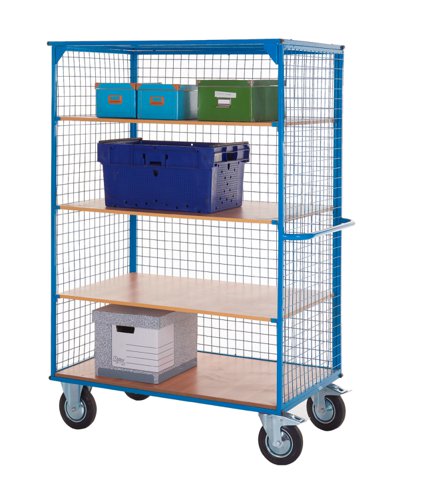 Large Distribution Trolley Without Doors; Fixed/Swivel (x2 Braked) Castors; Steel/Veneer; 500kg; Blue/Veneer DT903Y