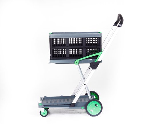 Clever Folding Trolley; c/w 1 Folding Box; Injected Moulded Plastic/Anodised Aluminium; 60kg; Grey/Black/Green | GC051Y | GPC Industries Ltd