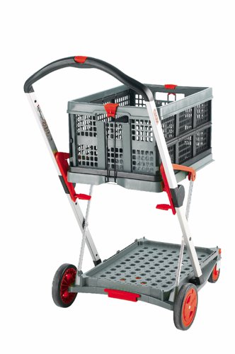 GC058Y_Red&GC055Z | Manufactured to the recognised european GS standardManufactured from infection moulded plastic & anodised aluminiumTrolley can be converted into several configurationsLoad Capacity: 20kg on Top Tray & 40kg on Bottom TrayComes with 2 folding boxesOverall Folding Box Size L x W x H mm: 525 x 375 x 280