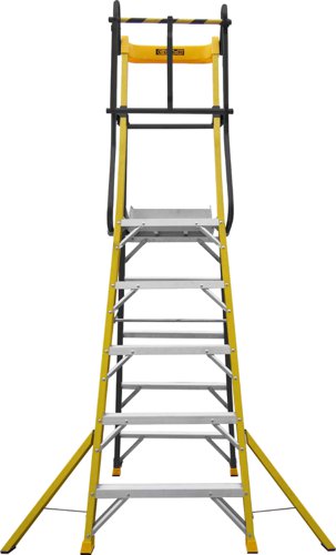 Certified to EN 131 ProfessionalInsluated to 30,000 voltsLarge platform: 406W x 475Dmm with kick boardsPodium steps with high safety rail, which is 950 mm above the platform, provides added safety when working at high levelsIncludes an integral tool trayWheels enable easy positioning (when folded)Rubber feet & aluminium side arms help prevent slips & twistsStabilisers give increased safety & stability when working at height