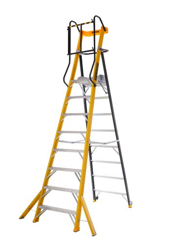 Certified to EN 131 ProfessionalInsluated to 30,000 voltsLarge platform: 406W x 475Dmm with kick boardsPodium steps with high safety rail, which is 950 mm above the platform, provides added safety when working at high levelsIncludes an integral tool trayWheels enable easy positioning (when folded)Rubber feet & aluminium side arms help prevent slips & twistsStabilisers give increased safety & stability when working at height