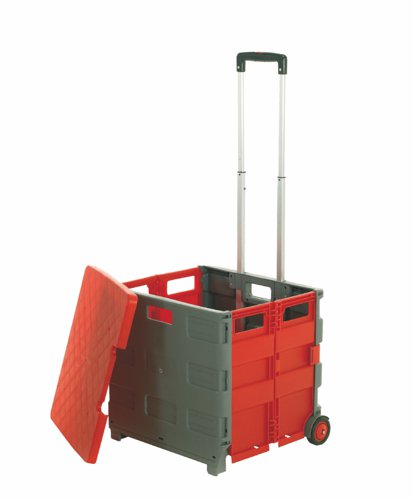 Proplaz® Folding Box Truck with Removable Lid; Fixed Wheels; Plastic; 35kg; Grey/Red