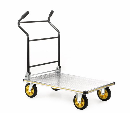 Ergonomic Folding Handles Platform Trolley; 900 x 610 x 1040; Fixed/Swivel Castors; Aluminium; 300kg; Silver/Black/Yellow