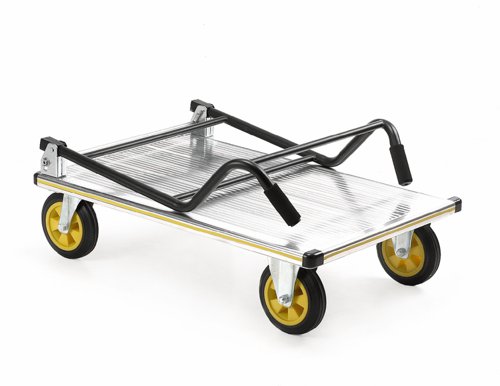 Ergonomic Folding Handles Platform Trolley; 900 x 610 x 1040; Fixed/Swivel Castors; Aluminium; 300kg; Silver/Black/Yellow GI066Y