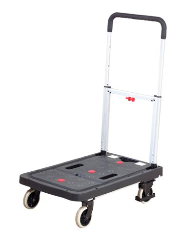 GI393Y | Plastic platform with integral carry handlesUnique wheels which fold underneath the platform when the handle is foldedTelescopic Handle with 3 heights: 720/820/920mmFolding Box Size Open - 570L x 410W x 265H mmFolding Box Size Folded - 570L x 410W x 75H mm