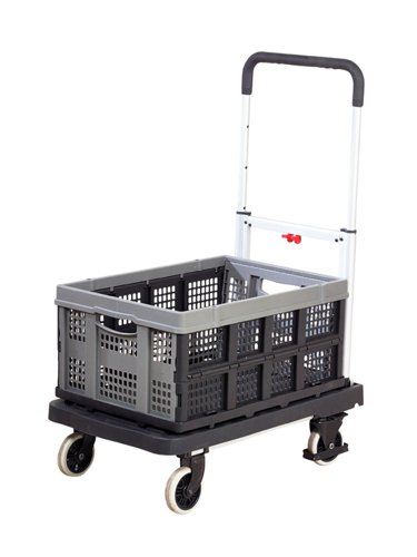 Plastic platform with integral carry handlesUnique wheels which fold underneath the platform when the handle is foldedTelescopic Handle with 3 heights: 720/820/920mmFolding Box Size Open - 570L x 410W x 265H mmFolding Box Size Folded - 570L x 410W x 75H mm