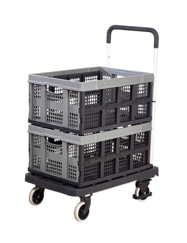 Plastic platform with integral carry handlesUnique wheels which fold underneath the platform when the handle is foldedTelescopic Handle with 3 heights: 720/820/920mmFolding Box Size Open - 570L x 410W x 265H mmFolding Box Size Folded - 570L x 410W x 75H mm