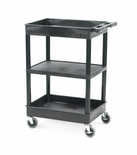 GI645L | Top & Bottom Storage Trays, Middle Flat ShelfSuper strong black polyethylene moulded trolleyEasy to clean, versatile - will not rust, dent or chipConstructed from a non-conductive material, resistant to most substances 10 Year Gurantee