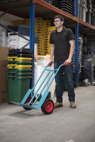 GI702R | Mobile on REACH compliant & puncture proof pneumatic wheelsHigh quality steel with hardwearing aqua blue powder coated finishComplete with strong, riveted knuckle guard hand grips